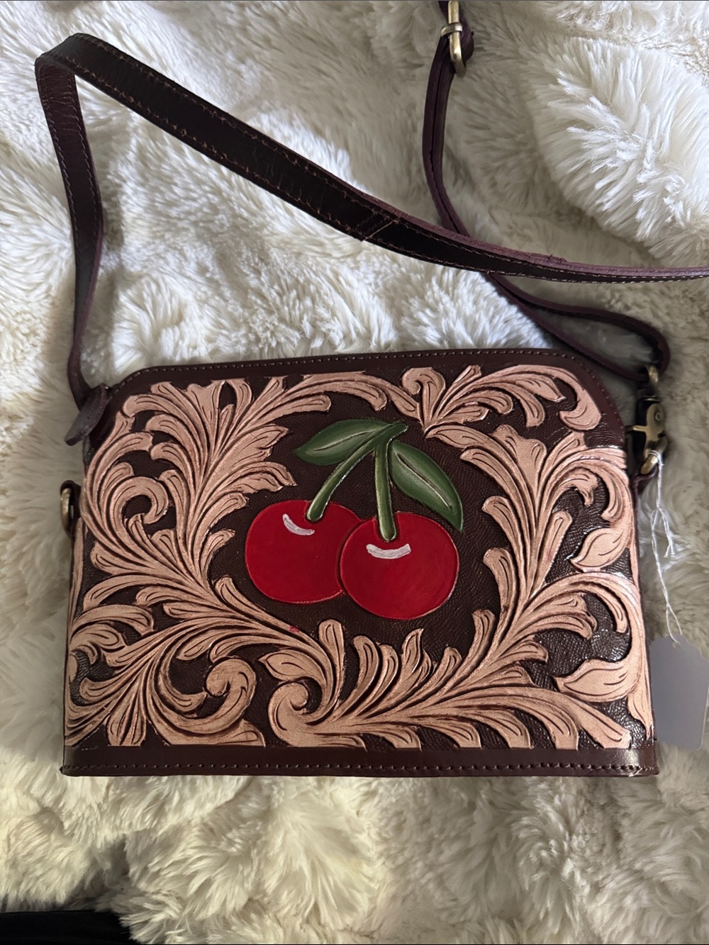 Hand painted Brown Leather Crossbody Bag with Red Cherry Embroidery